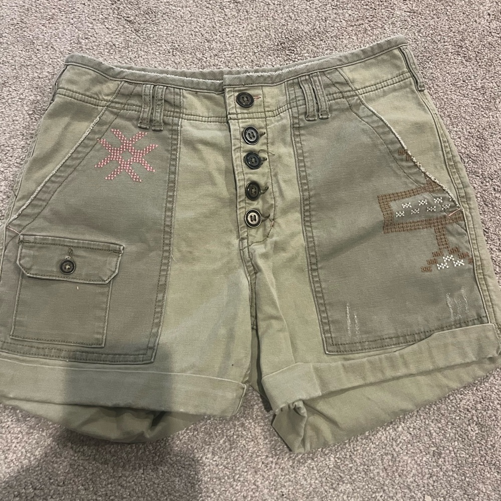 Pilcro Olive Cargo Shorts with Embroidery